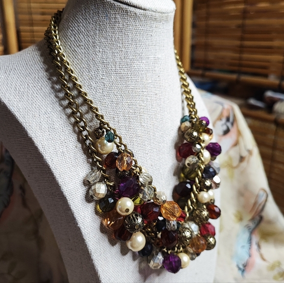 2 Strand Oxidized Brass Beaded Faux Pearl Bauble Beaded Filigree Balls Necklace - Picture 2 of 8